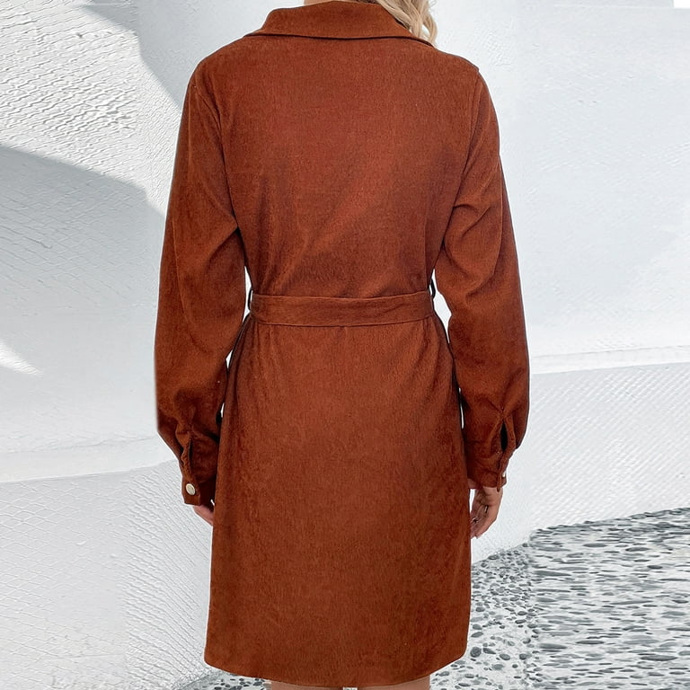 brown corduroy dress womens LifeShe Corduroy Shift Dress for Women Long Sleeve Button Down Lapel V Neck Midi Dress Brown at Amazon Women's Clothing store