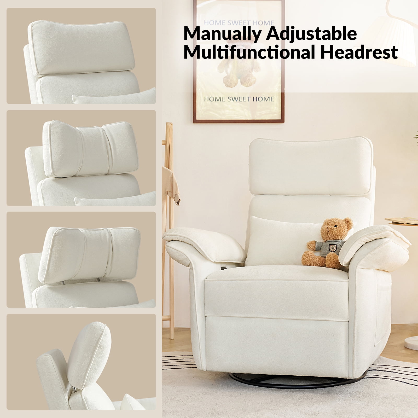 Nursery Recliner Chair Electric Power Glider Swivel Rocking with USB, Waterproof Stain-resistant, White