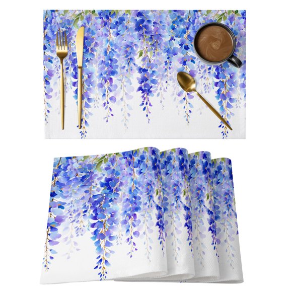 Spring Purple Wisteria Placemats Set of 12, Watercolor Flowers Green Leaf Gradient Non-Slip Place Mats Washable Table Mats for Kitchen Dining Table Decorations Indoor/Outdoor