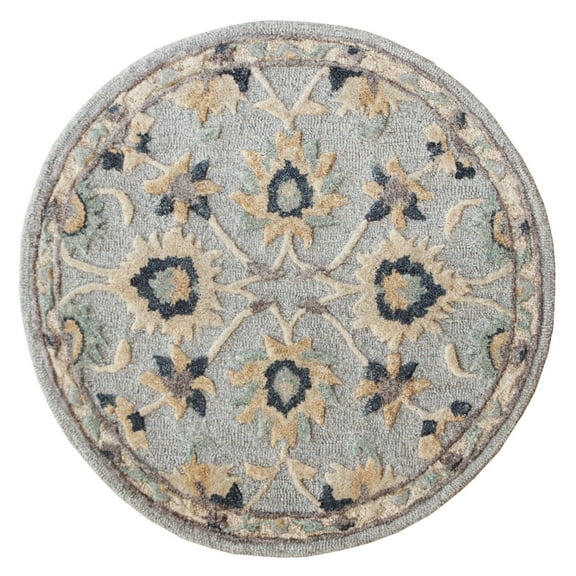 Laddha Home Designs 3' Beige and Blue Floral Filigree Handmade Round Area Throw Rug