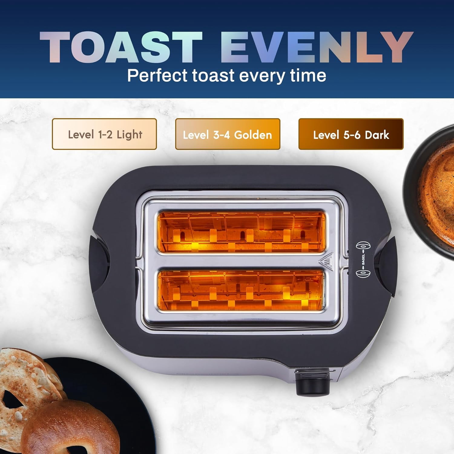 2-Slice Cool Touch Toaster - 6 Browning Settings, Extra Wide 1.25" Slots for Bagels & Waffles, Cancel Function, Removable Crumb Tray, Compact (Black)