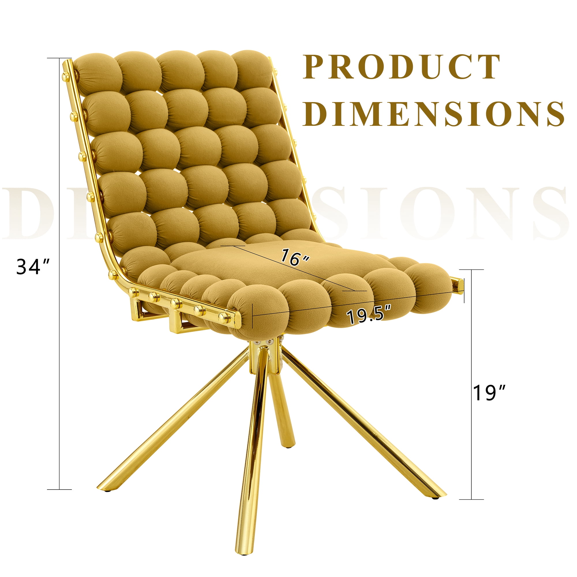 Aukfa Velvet Swivel Dining Chairs Set of 2, Modern Bubble Tufted Kitchen Side Chairs, Gold Metal Legs,Yellow