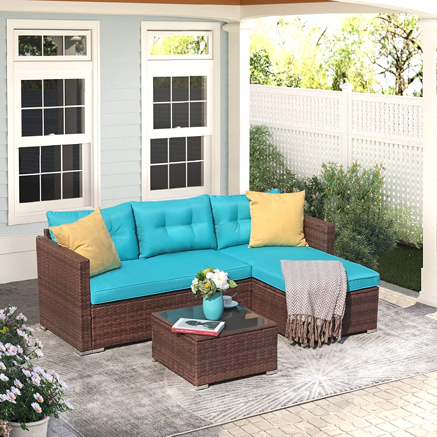 OC Orange-Casual 5-Piece Patio Furniture Set, All-Weather Outdoor Sectional Sofa, with Glass Coffee Table for Deck Balcony Porch, Brown Rattan & Turquoise Cushion - image 3 of 8