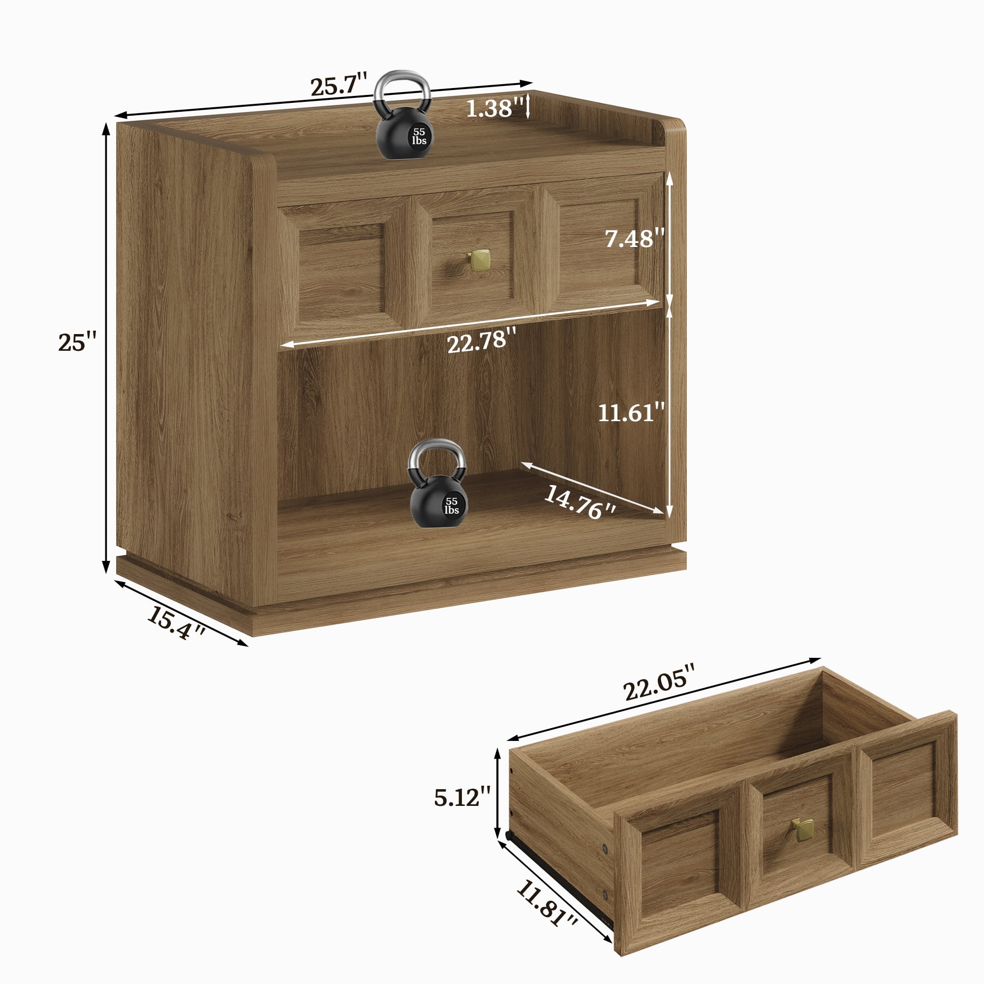 SICOTAS 26" W Farmhouse Nightstands Set of 2, Big nightstands with Drawer & Open Shelves, Large Bedside Table, End table for Bedroom, Living Room, Brown