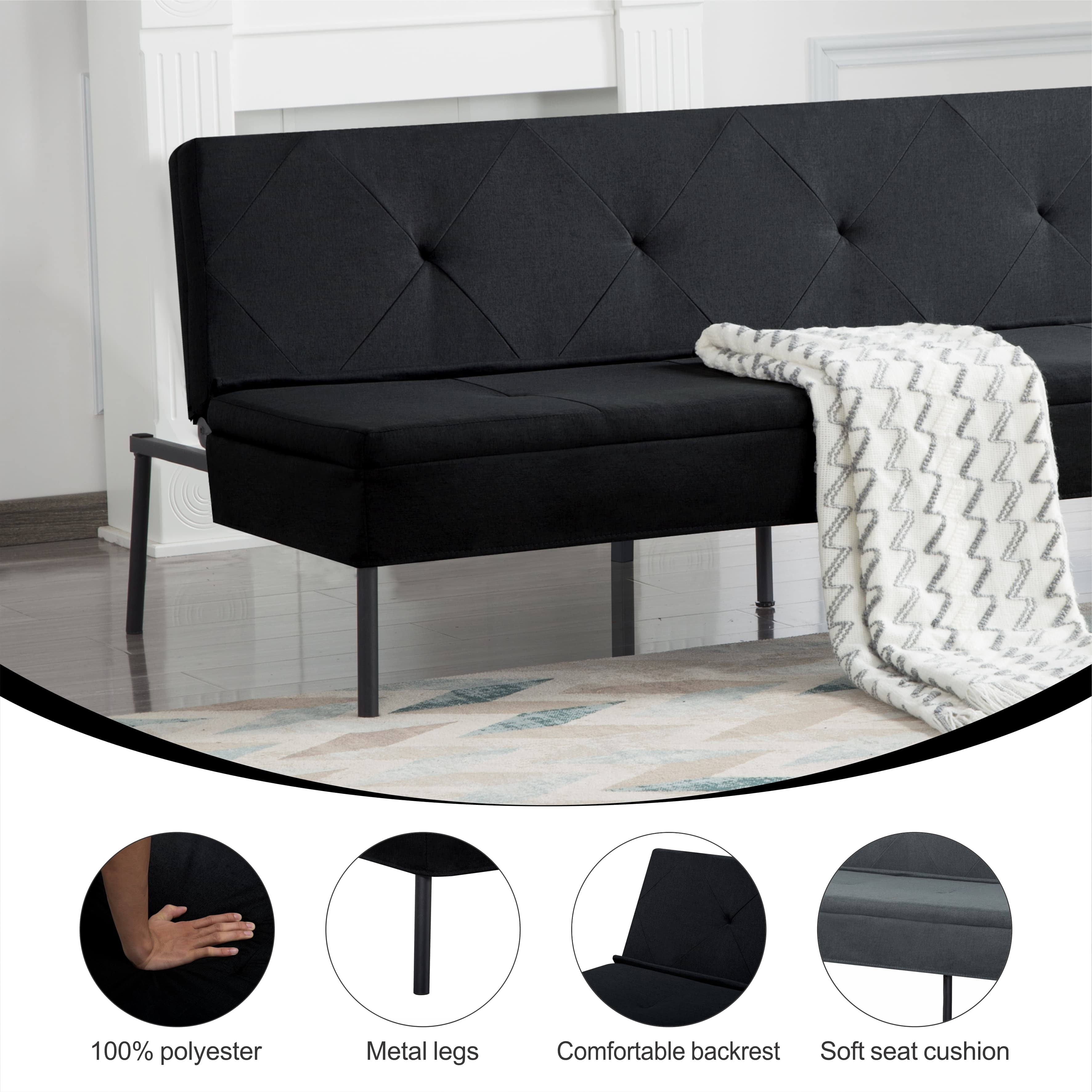 BSHTI 63 inch Convertible Sleeper Futon Sofa Bed,Polyester Fabric,All Iron Frame Convertible Futon Sofa Bed,for Living Room,Office,Small Apartment(Black)