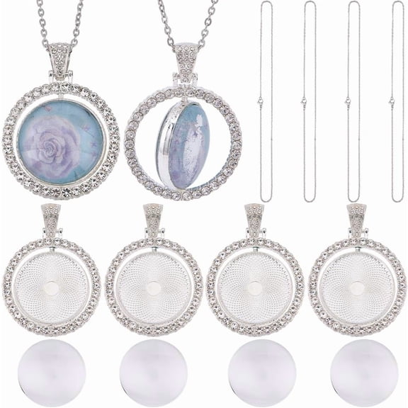 1 Box 24Pcs 25mm Round Bezel Pendant Trays Rhinestone Bezel Pendant Trays Set Glass Cabochon Bezel Blank Double Sided Rotatable Tray with Silver Chain for Jewelry Making Supplies DIY Necklace diy