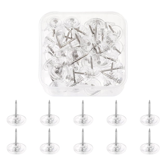 Punaises à Pousser, Punaises à Pousser en Acier, Punaises à Tête en Plastique Transparent, Punaises à Pousser Transparentes Comptées dans une Boîte Réutilisable pour Tableau d'Affichage, Cartes, Affiches et Projets d'Artisanat, Lot de 50 (Épais)
