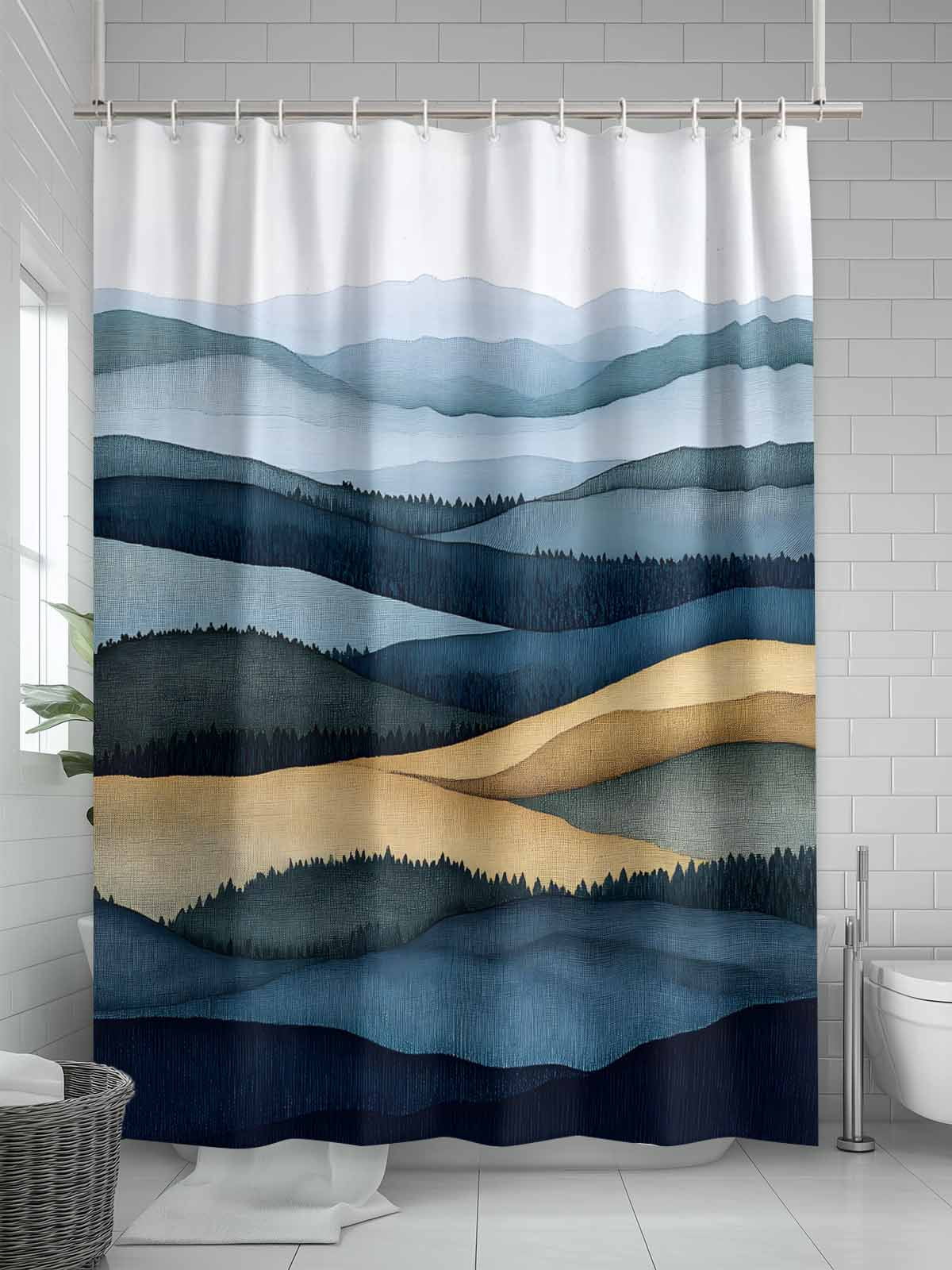 Boanket Polyester Fabric Mountains Blue Gold Shower Curtain, Modern Green Forest Trees Waterproof Bathtub Curtain Bathroom Decor Set with Hooks 72 x 72 Inches,