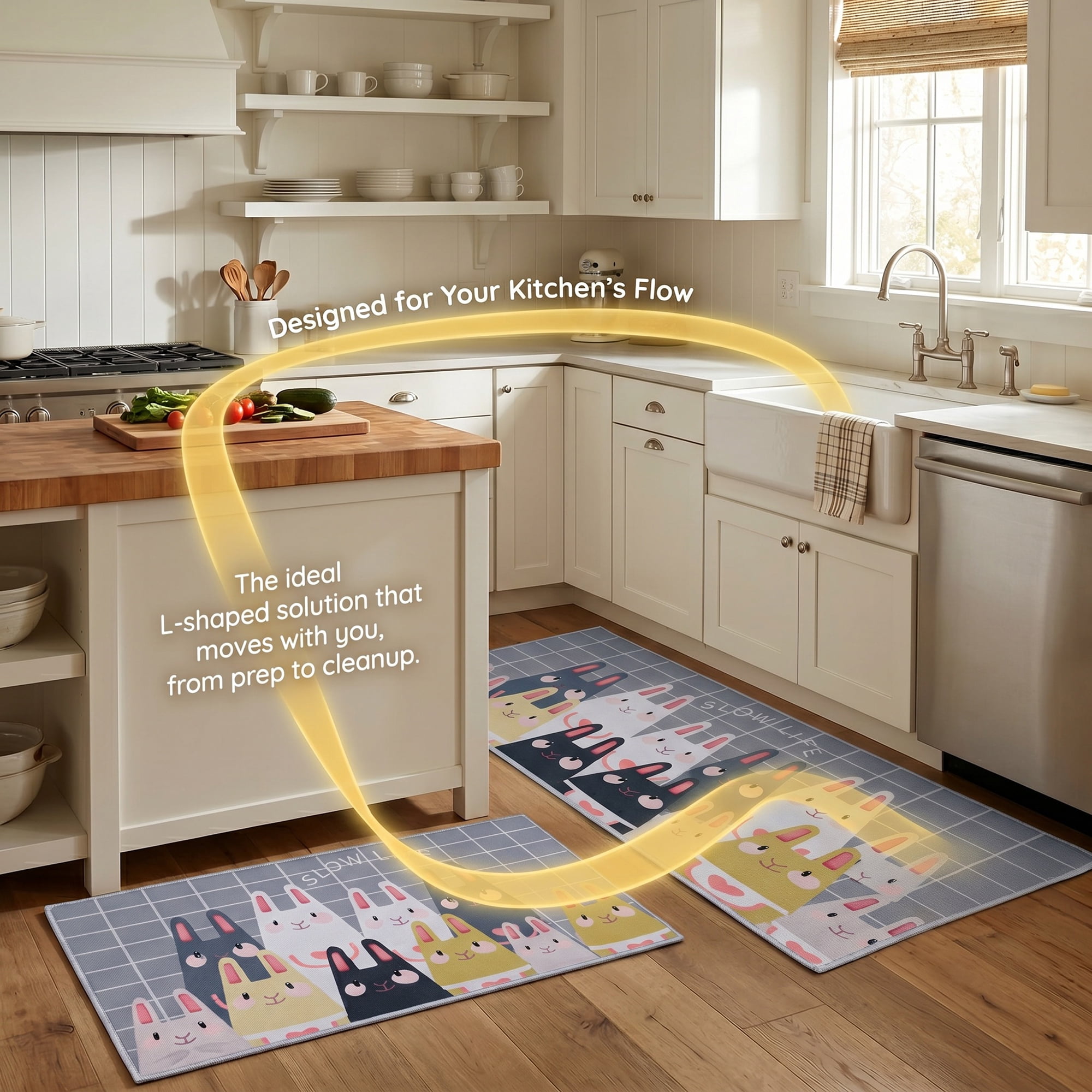 Unique Bargains Non Slip Cat Floral Printed Kitchen Rugs and Mats Gray 24"x16"+47"x16"