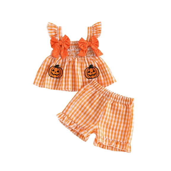 RUINIXCW Toddler Bbay Girl Halloween Outfits Toddler Girls Summer Fall Clothes Pumpkin Ghost Bat Embroidery Plaid Gingham Fly Sleeve Shirt Tops Shorts Set