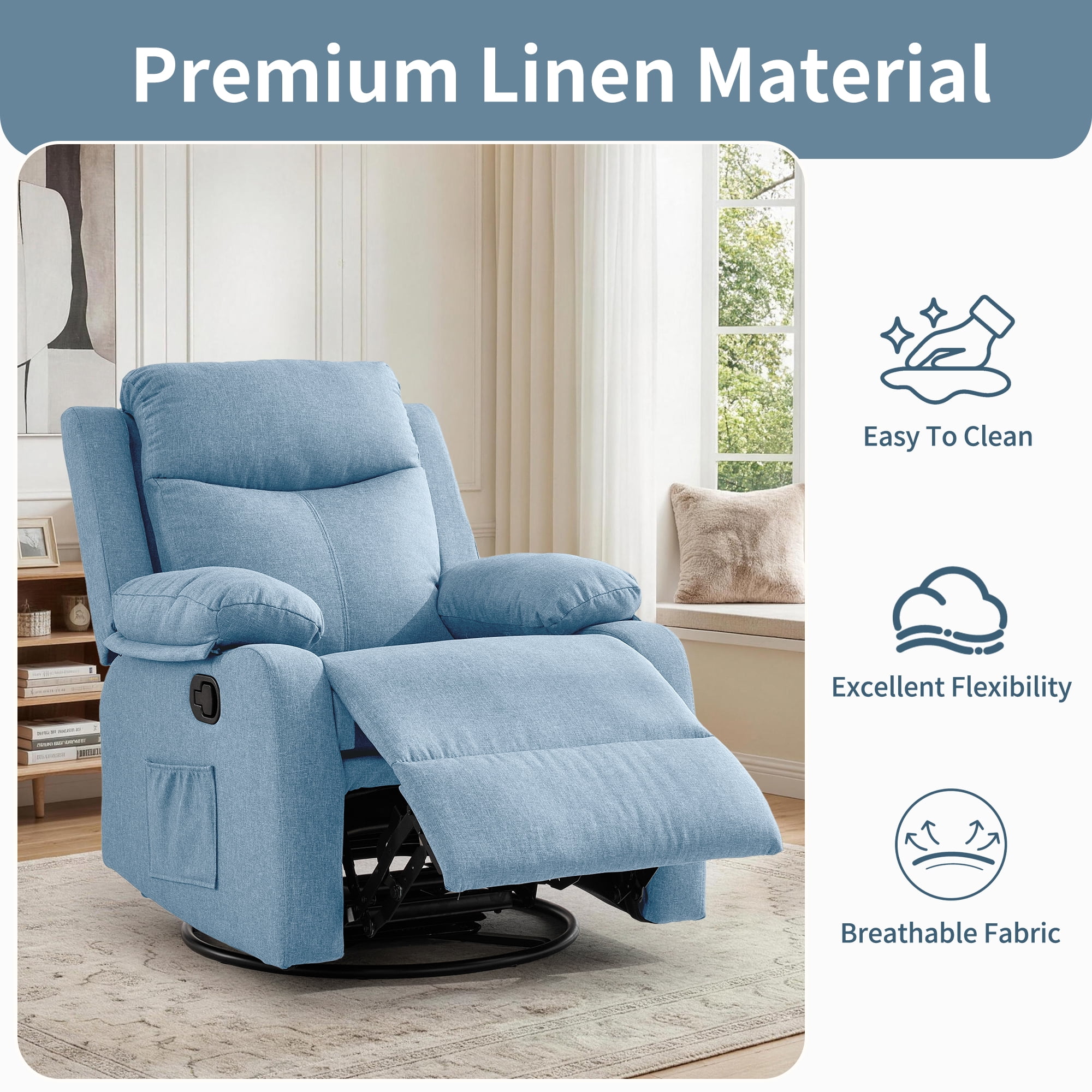 GEEYOO Manual Swivel Rocker Recliner Chair with Side Pockets,Small Recliner Chair for Small Spaces,Upholstered Linen Fabric Glider Nursery Chair for Living Room,Blue