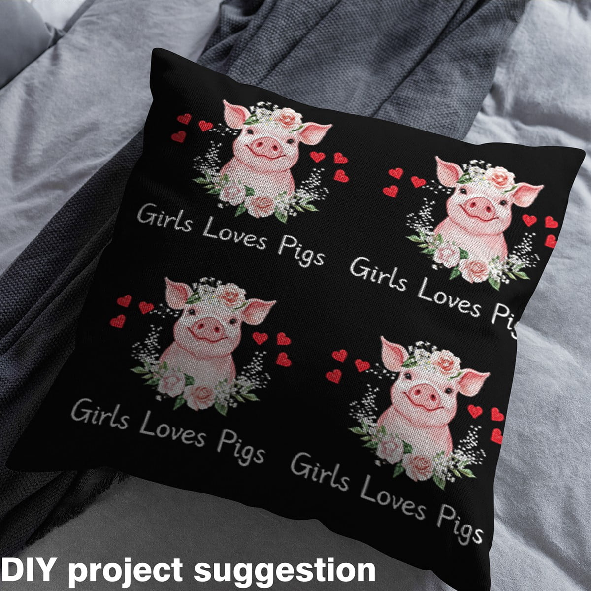 Feelyou Girls Loves Pigs Fabric by the Yard 3 Yards, Black Pink Sewing Fabric, Kawaii Cartoon Farm Animal Home Decor Fabric by the Yard, Lightweight Room Decor