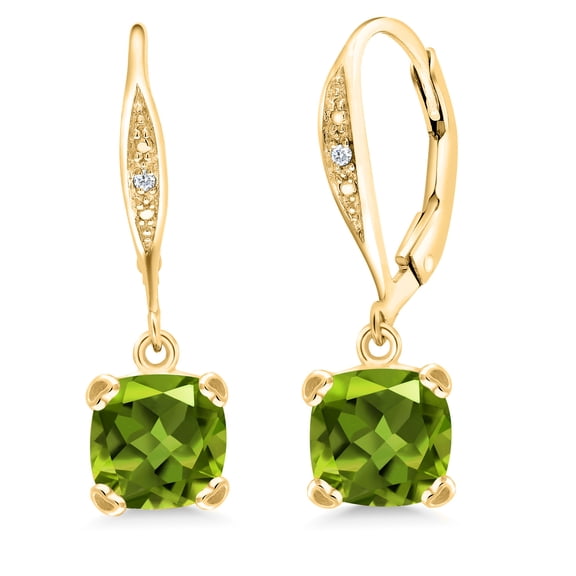Gem Stone King 18K Yellow Gold Plated Silver Green Peridot and White Diamond Earrings for Women (3.41 Cttw, Gemstone August Birthstone, Cushion 7MM)
