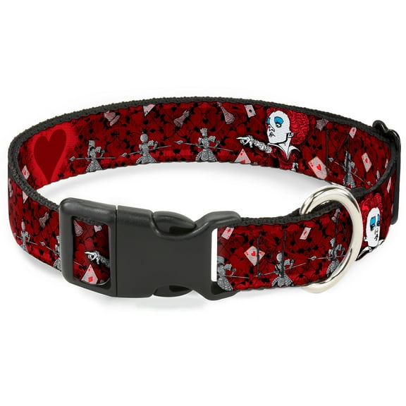 Disney Pet Collar, Dog Collar Plastic Buckle, Queen of Hearts Poses Hearts Cards Reds Black, 15 to 24 Inches 1.0 Inch Wide