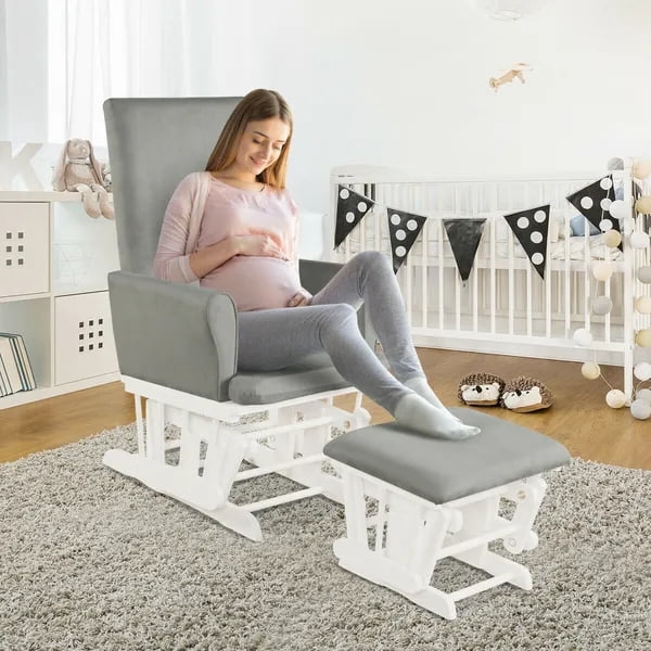 27.5" Nursery Rocking Chair Glider & Ottoman Set with Rubberwood Frame