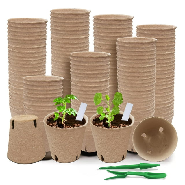 Macetas de turba Baxrou, paquete de 120 unidades, 8 cm, para plántulas, con 30 etiquetas para plantas