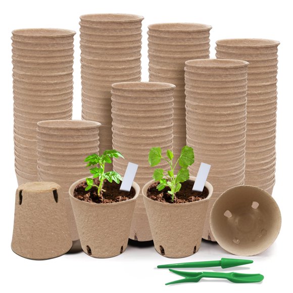 Macetas de turba Baxrou, paquete de 120 unidades, 8 cm, para plántulas, con 30 etiquetas para plantas