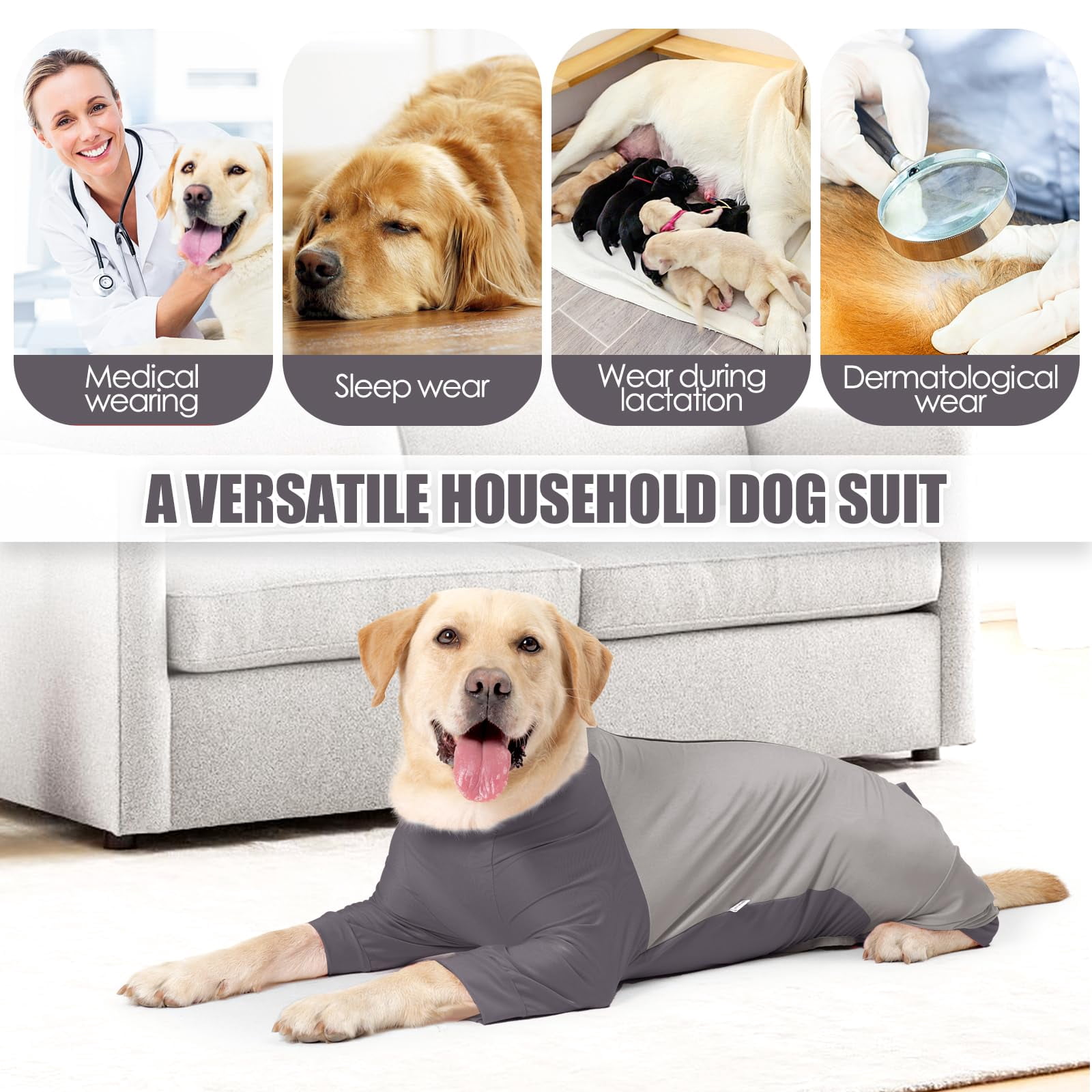 Dog Recovery Suit with Zipper, Dog Shedding Suit Onesie, After Surgery Dog Shirt, E Collar Alternative Anxiety Calming Shirt for Small Medium Large Dog Gray XL