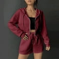 thumbnail image 2 of Usmixi 2 Piece Outfits for Women Front Zip Hooded Coat 2 Piece Sets Casual Solid Drawstring Elastic Waist Shorts Outfits Sets Sports Running Lounge Sets Tracksuits Sets with Pocket Holiday, 2 of 7