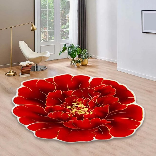 Floral Area Rugs Peony Flower Shape Area Rugs Non-Slip Rugs Floral Shaggy Carpet Bath Mat for Bedroom Living Room, Red, 2'x2'