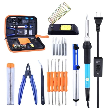 60W 110V Soldering Iron Kit Adjustable Temperature Welding Tools ON/OFF Switch+5 Soldering Tips+6 Aid Tips+Tweezers+Solder Sucker+Tin Wire Tube+Scissors+Solder Stand Comes In PU (Best Soldering Iron For Pcb Repairs)