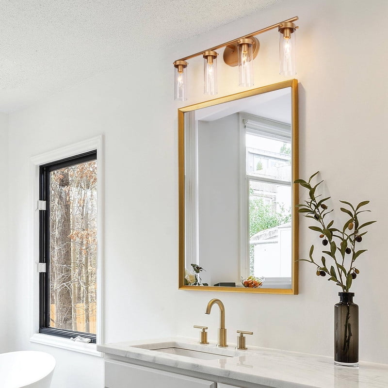 LNC 28-in 4-Light Gold and Clear Glass LED Modern Vanitt Light for Bathroom