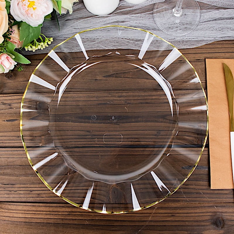 BalsaCircle 10 Clear 11" Round Disposable Salad Dinner Plastic Plates Gold Wavy Trim Wedding