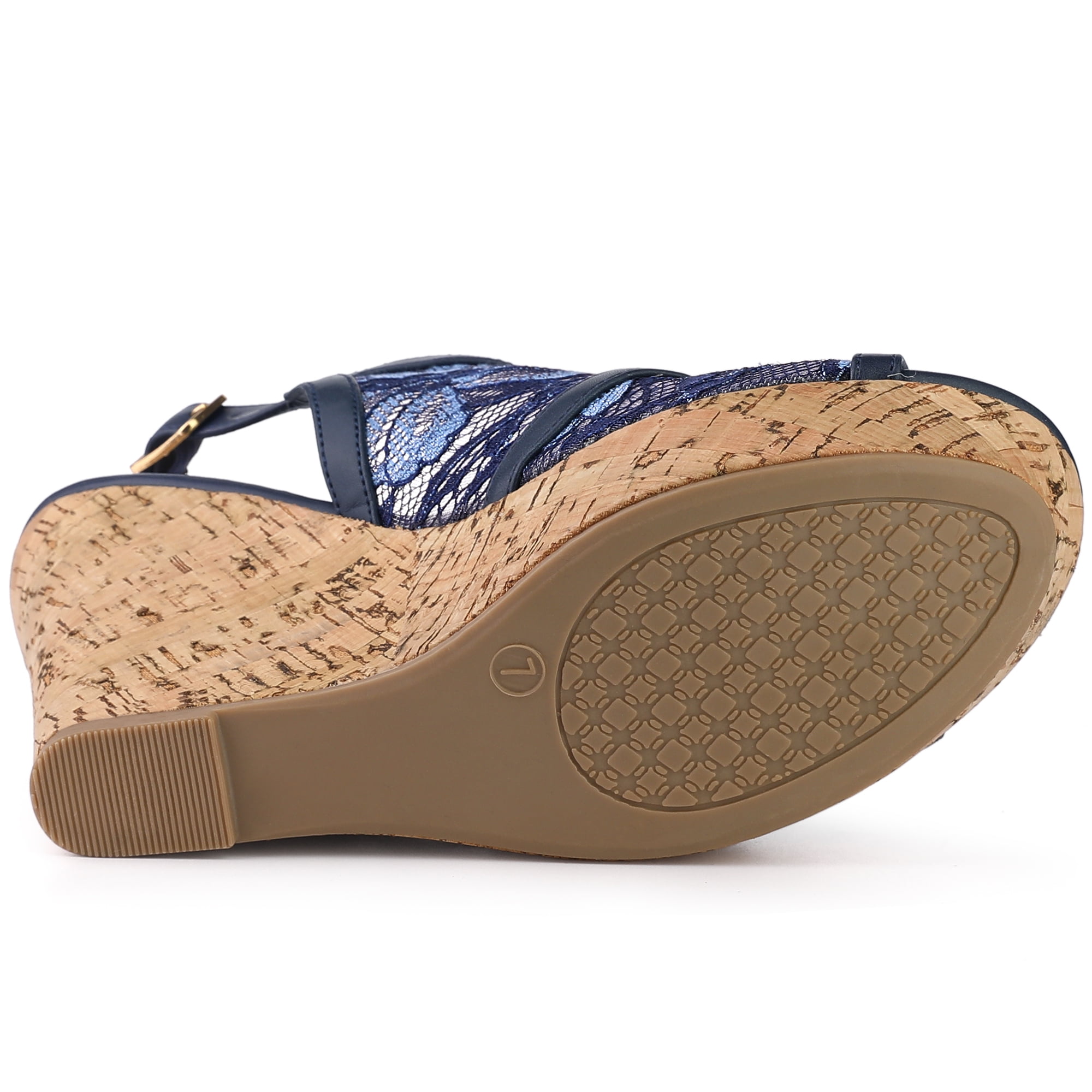 DARING DIVA Women's Open Toe Platform Heel Lace Wedges Sandals Deep Blue 6