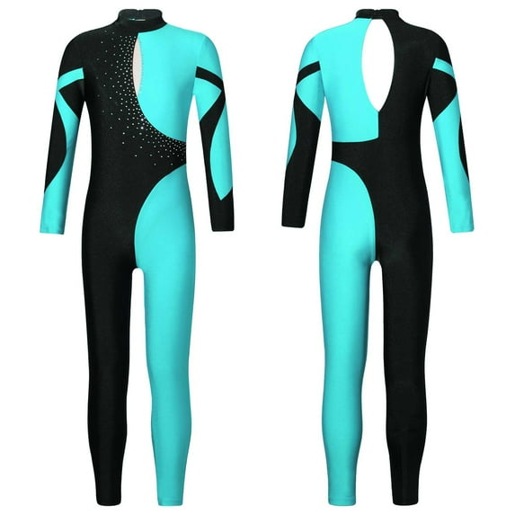 renvena Kids Girls Rhinestone Long Sleeve Figure Skating Gymnastic Leotard Full Body Ballet Dance 6-16 Blue Green 10