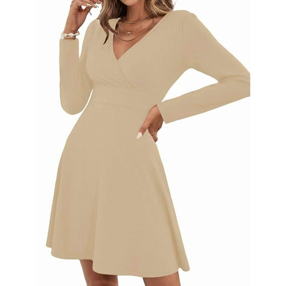 Womens Fall Long Sleeve Mini Dress Wrap V Neck Flowy Swing A-Line Casual Dressy Business Work Dresses Apricot S