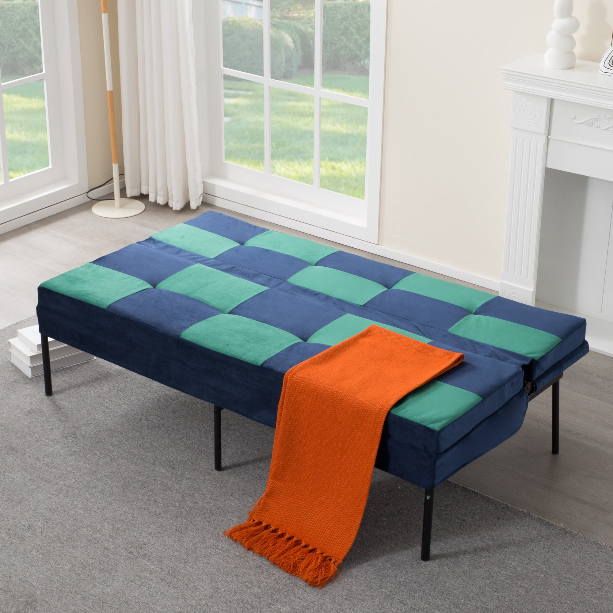DEALTOPS 63" Checkered Velvet Futon, 2-in-1 Dual-Tone Convertible Sleeper Sofa with 5-Position Recline, Blue