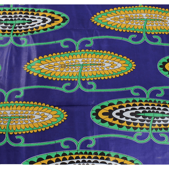 African Print Stylized Floral Blue & Yellow Traditional Wax Print Cotton Fabric By The Yard