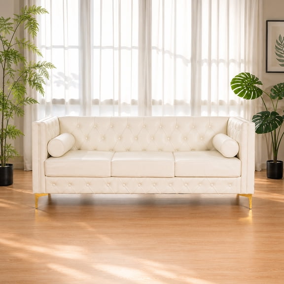 PureDashio 78.5" Faux Leather 3-Seat Sofa, Button Tufted Couch with Gold Metal Legs & Bolster Pillows, 750 LBS Weight Capacity for Living Room