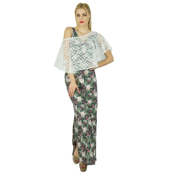 Bimba Women Long Rayon Maxi Slit Dress With Net Poncho Signature Collection Chic Style