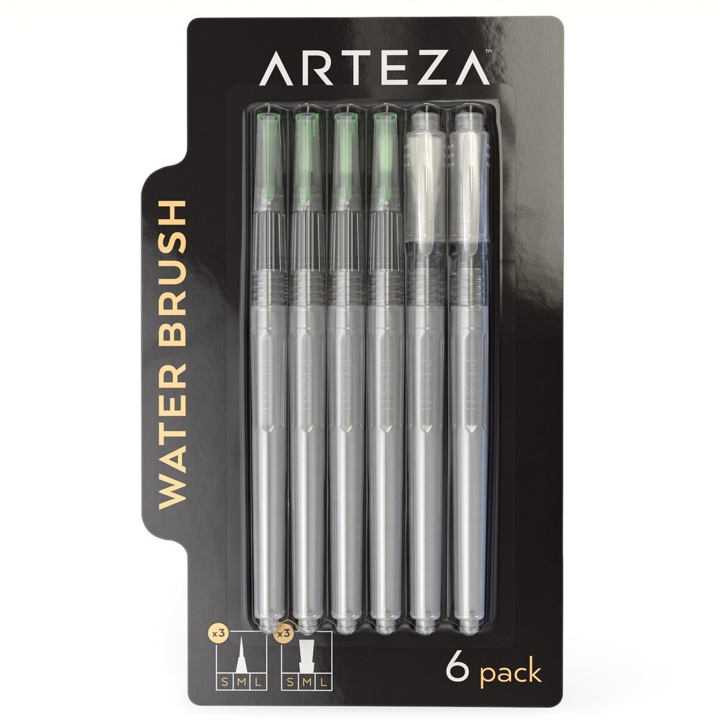 Arteza Water Brush Pens (Assorted Tips, Set of 6)