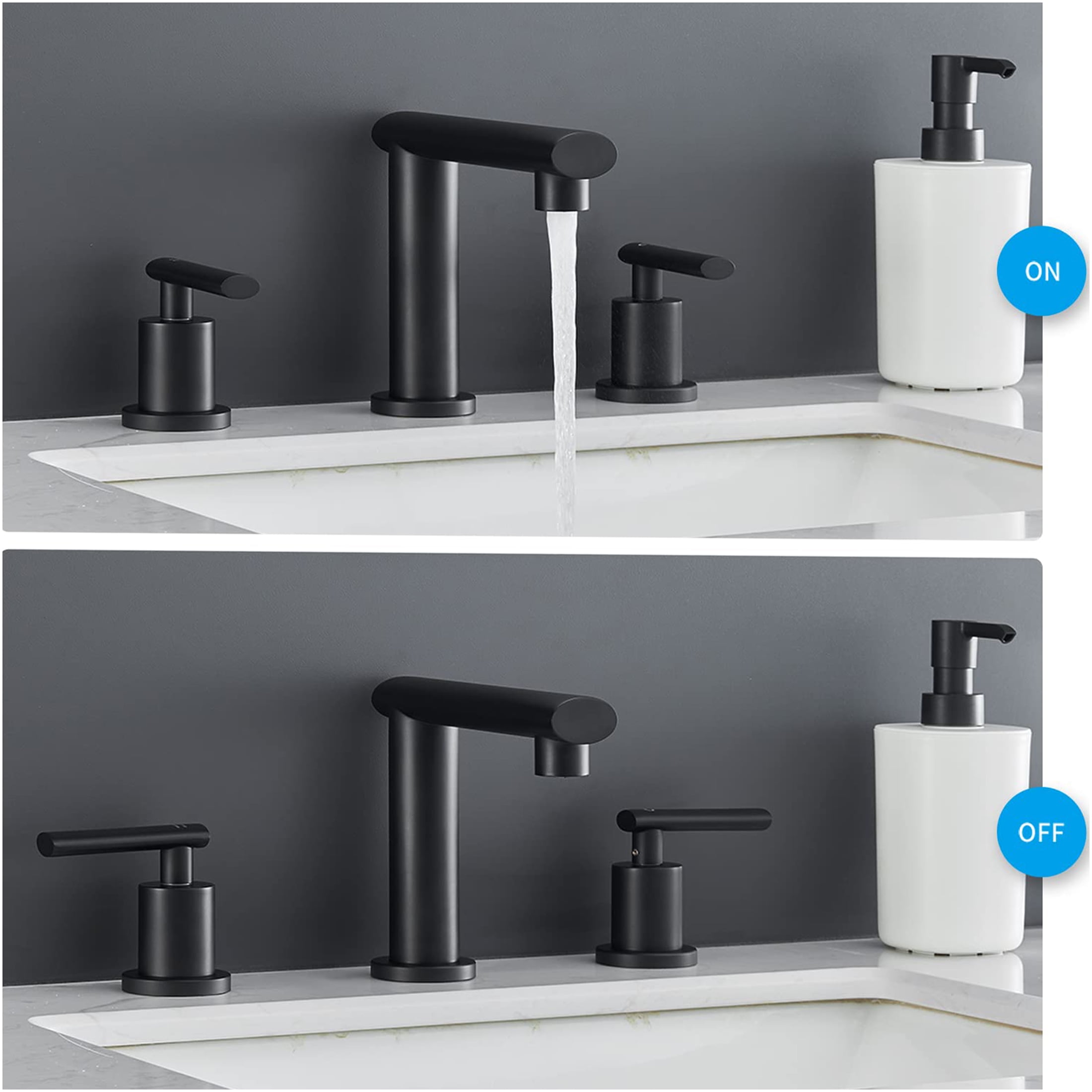 JERFIT 8-inch Widespread Bathroom Faucet Matte Black, 2-Handle Modern Waterfall Vanity Sink Faucet with Pop-Up Drain & Lead-Free Hoses