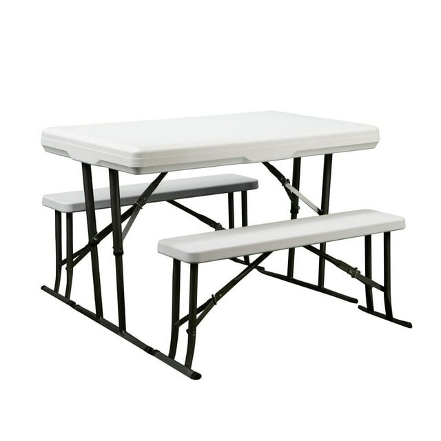 Faulkner Table 69863 Picnic Table And Nesting Benches; Folding; White; Polyethylene; Weather Resistant/UV Protection/Stain Resistant; With 1 Table And 2 Benches