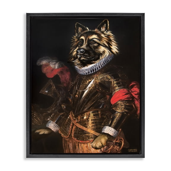 Stupell Industries Renaissance Dog Portrait History & Language Painting Black Floater Framed Canvas Art Print Wall Art, 17 x 21