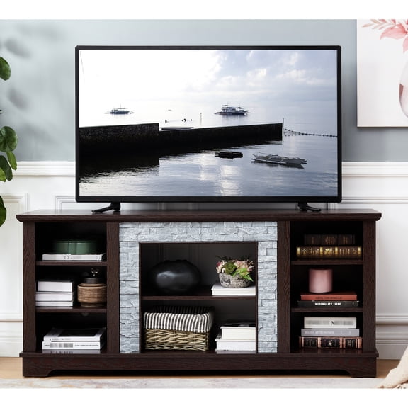 15.39"D Cherry MDF Console with Faux Stacked Stone Surround 6 Cable Cutouts Tidy Setup