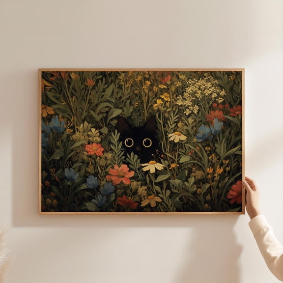 Black Cat Wildflower Wall Art Dark Maximalist Floral Wall Decor Vintage Flower Cute Cat Lover Print Matte Poster UNFRAMED Poster, Wall Art for Decor, Present, 8x12