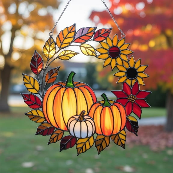 Fall Pumpkin Sunflower Acrylic Suncatcher Autumn Leaves Window Hanging, Harvest Thanksgiving Farmhouse Ornament