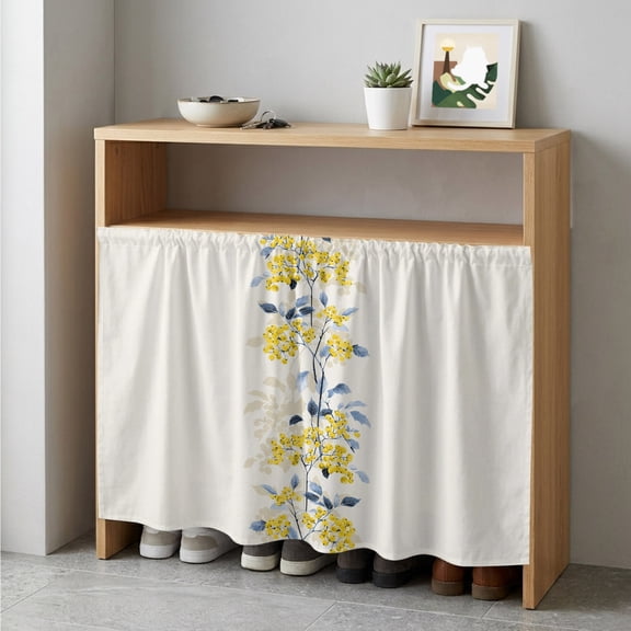 Yellow Fruit Cabinet Curtain 35"Wx35"L,Dustproof Under Sink Skirt W/ Self Adhesive Tape,Vintage Country Leaves Berries Blue Plants Cabinet Curtain Cover for Kitchen Sink,Bathroom Vanity,Laundry Room