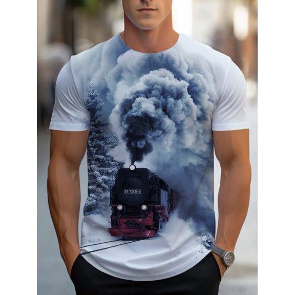 Men's Retro Steam Train Pattern T-Shirt - 100% Polyester Regular Short Sleeve Crew Neck, Breathable, Machine Washable for Summer Leisure Travelers