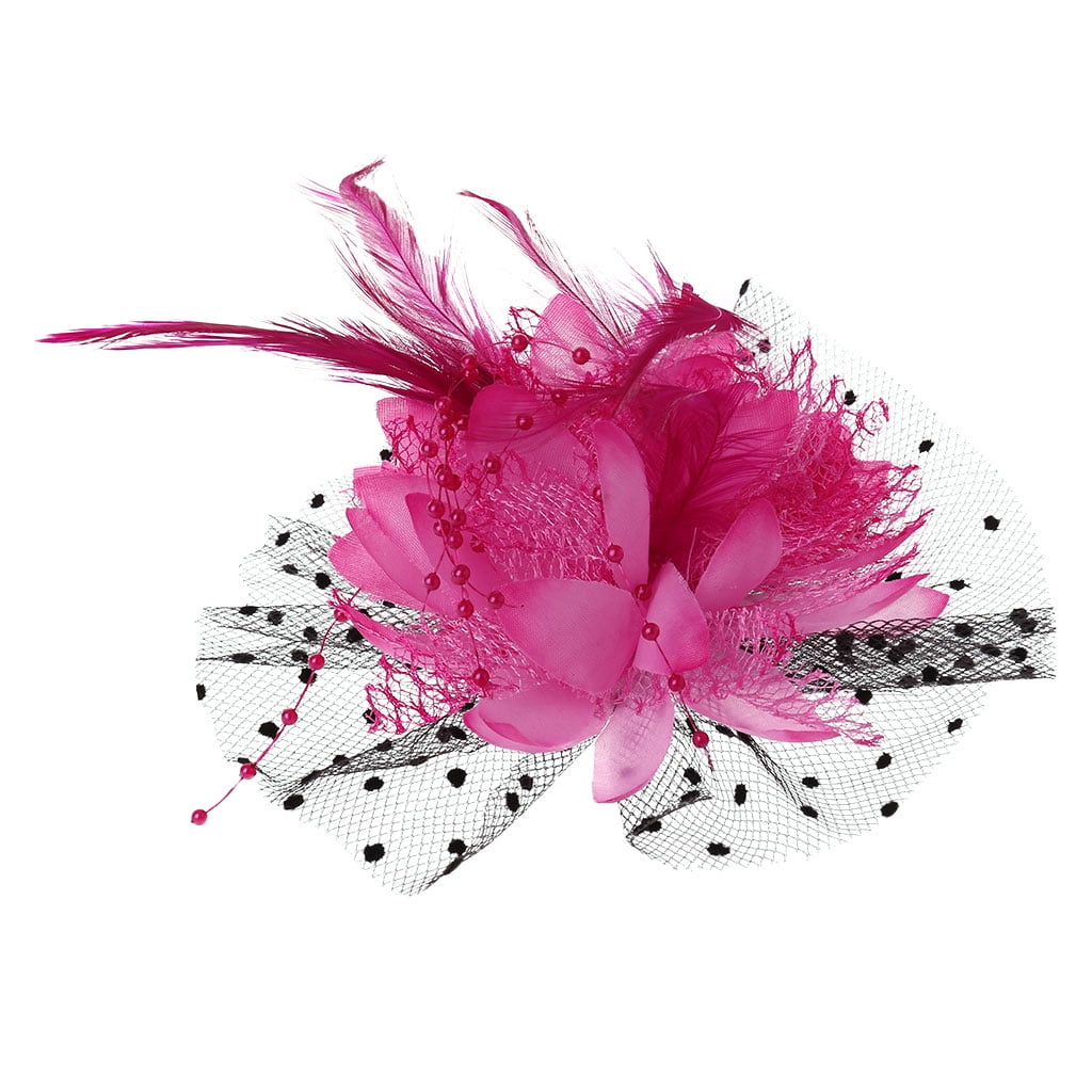 NEW Neon pink triple pointed net and black feather comb fascinator wedding prom 