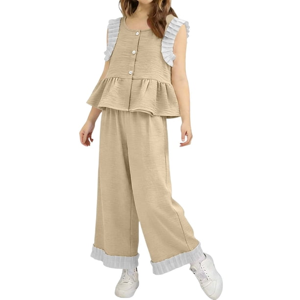 Conjuntos de camiseta sin mangas con cuello redondo, traje para niña, top con mangas voladoras, pantalones acampanados con dobladillo de encaje, conjunto de dos piezas para niña, top de poliéster para