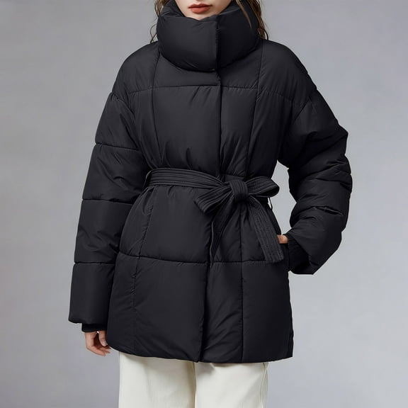 Pounoo Gift Women's Quilted Puffer Long Sleeve Jacket Lapel Zip Open Front Puffy Padded Coat Winter Warm Outwear with Belt