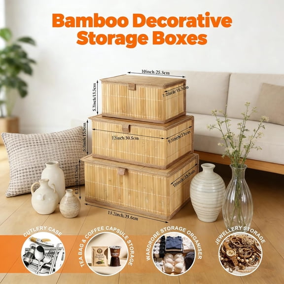 3 Pack Bamboo Decorative Shelf Basket Woven Storage Boxes with Lined Nesting Lidded Box for Toys Cosmetics Office Sundries Closet Natural -Friendly Bamboo Storage Organizers