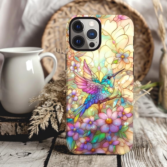 Hummingbird Stained GlCase With Colorful Nature Glow for iPhone 17 11 12 13 14 15 16 Pro Max