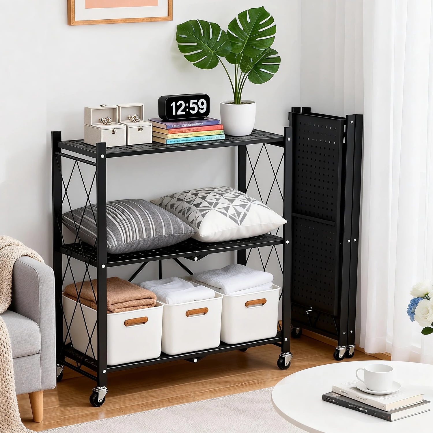 TAIMASI 3-Tier Foldable Metal Shelf with Wheels, Heavy-Duty Movable Wire Rack for Garage, Kitchen, Basement, Pantry Storage, 28''L x 13.4''W x 34.7''H-Black