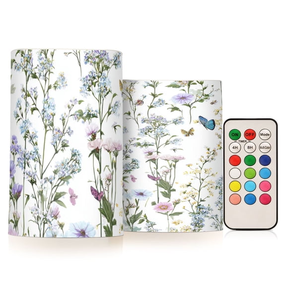 Flowers and Butterflies Flickering Flameless Candles Battery Operated with Remote Timer LED Pillar Candles Set of 2